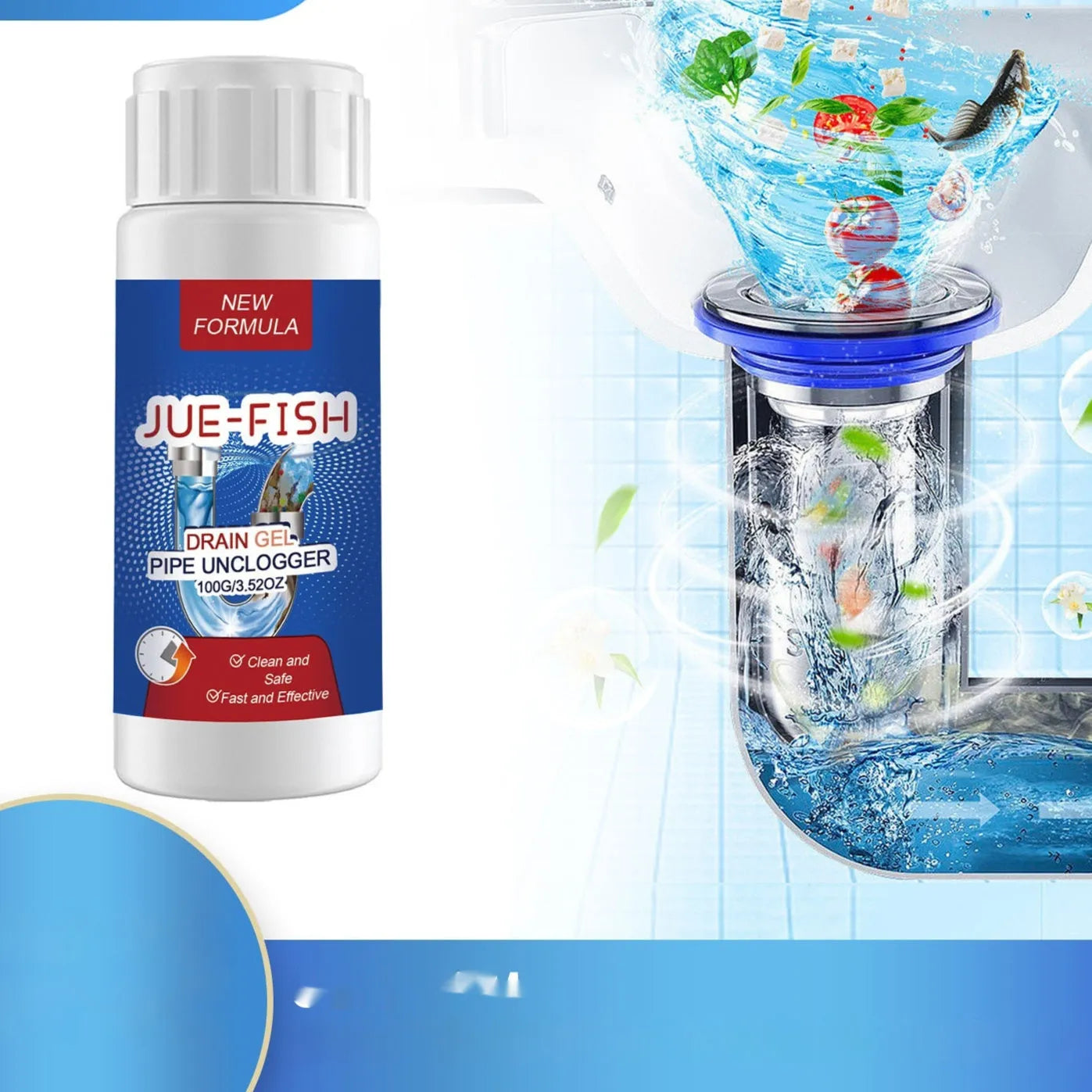 100g bottle of pipe dredge agent for unclogging sinks and toilets.