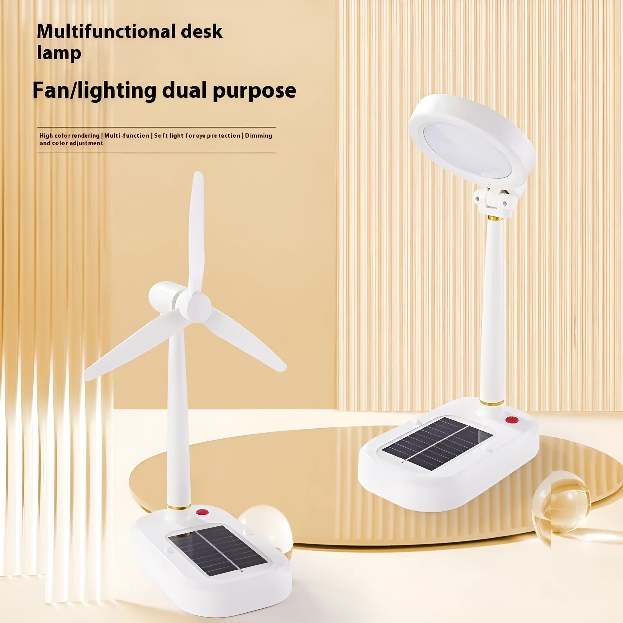 Ivory white solar-powered table fan with integrated LED desk lamp on a wooden table.