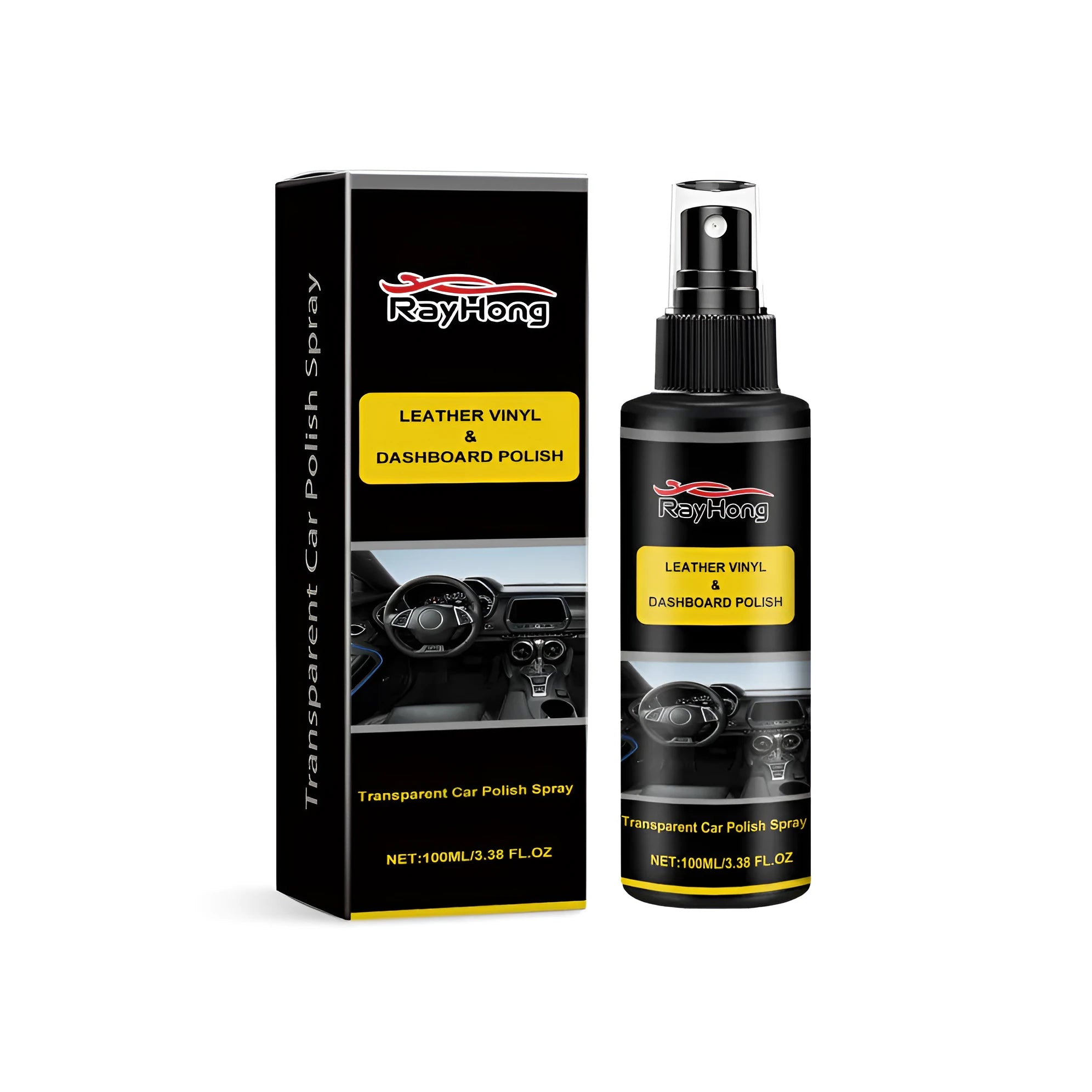 Car polishing spray canister measuring 3.7 by 14 centimetres with its box packaging.