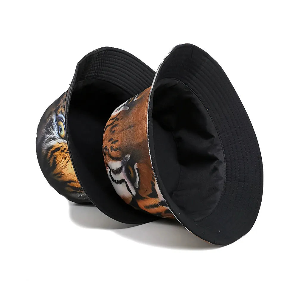 Tiger pattern bucket hat with dome crown in khaki and black colour options