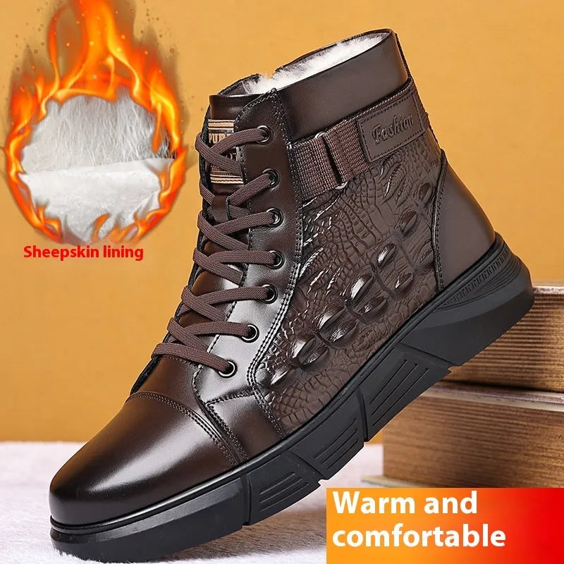 Black and brown velvet finish lace-up snow boots with faux fur lining and rubber soles