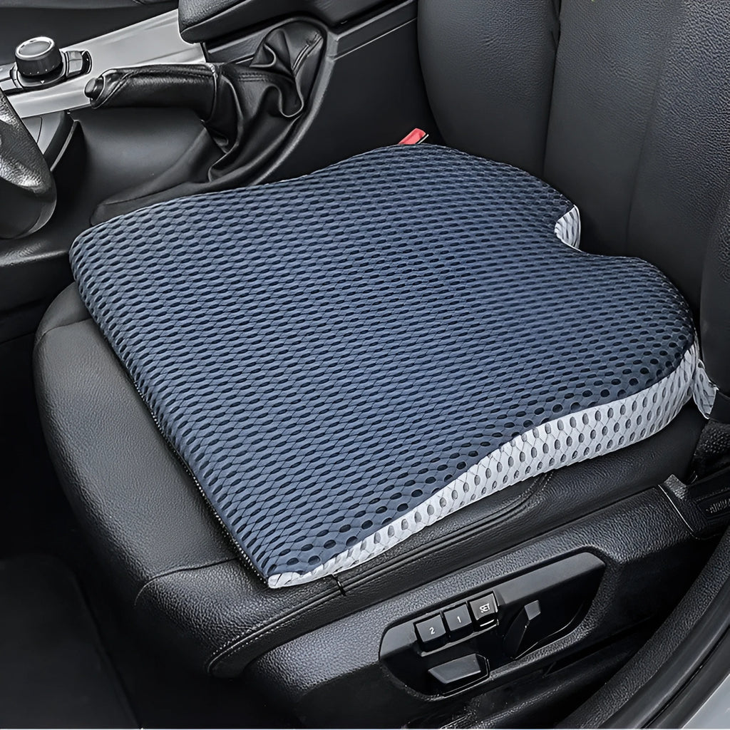 Memory foam seat cushion with elastic strap in black, grey, and creamy white colours.