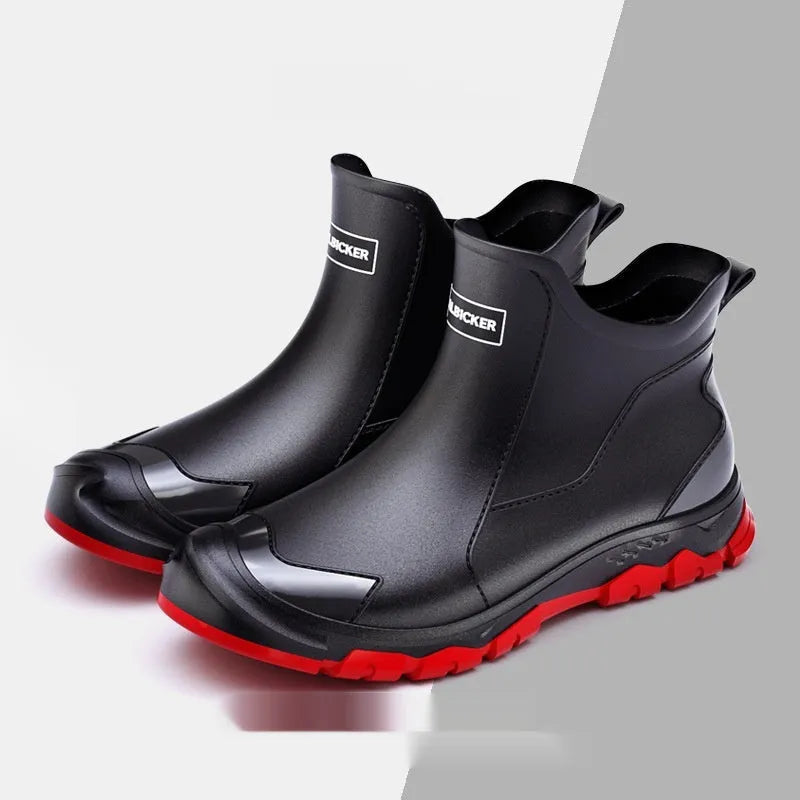PVC outdoor wading non-slip rubber shoes in short tube rain boot design with round toe