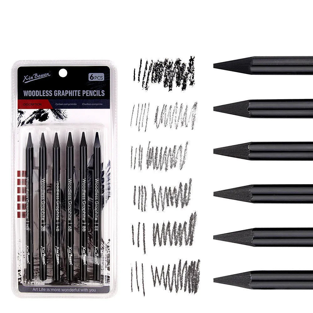 Six graphite sketching pencils with HB, 2B, 4B, 6B, 8B, and EE grades arranged in art set