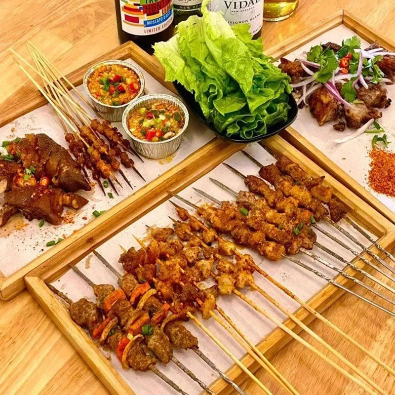 Brown handle bamboo barbecue serving tray with square shape and solid colour pattern