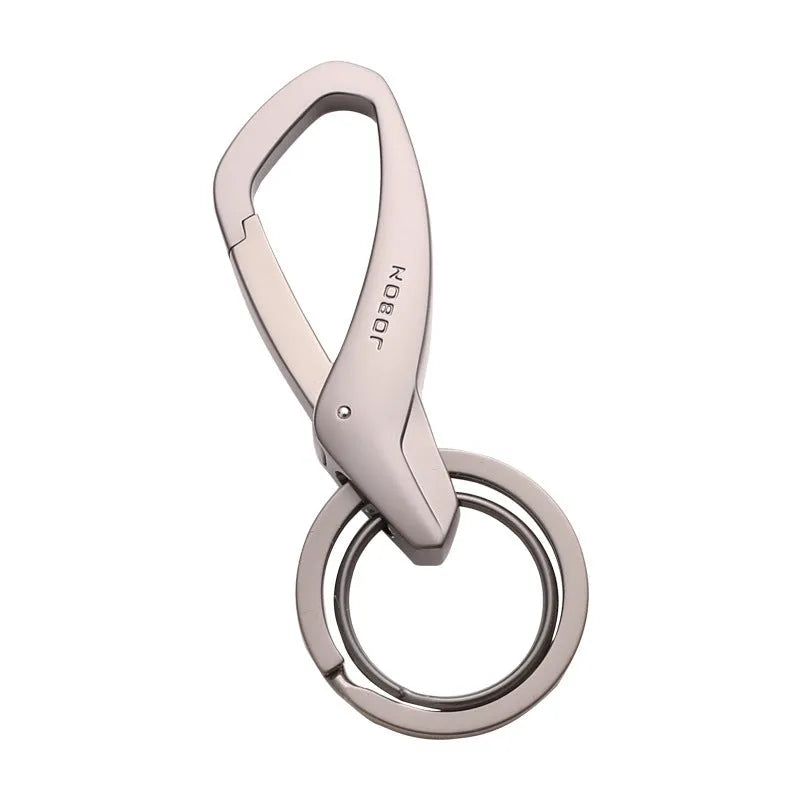 Zinc alloy double ring keychain in black, chrome, or nickel finish, measuring 8.3 by 3.5 cm.