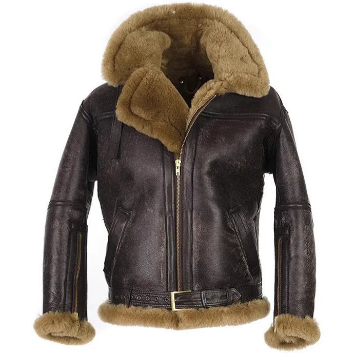 Brown retro-style synthetic leather fur coat for men with side pockets on a model.