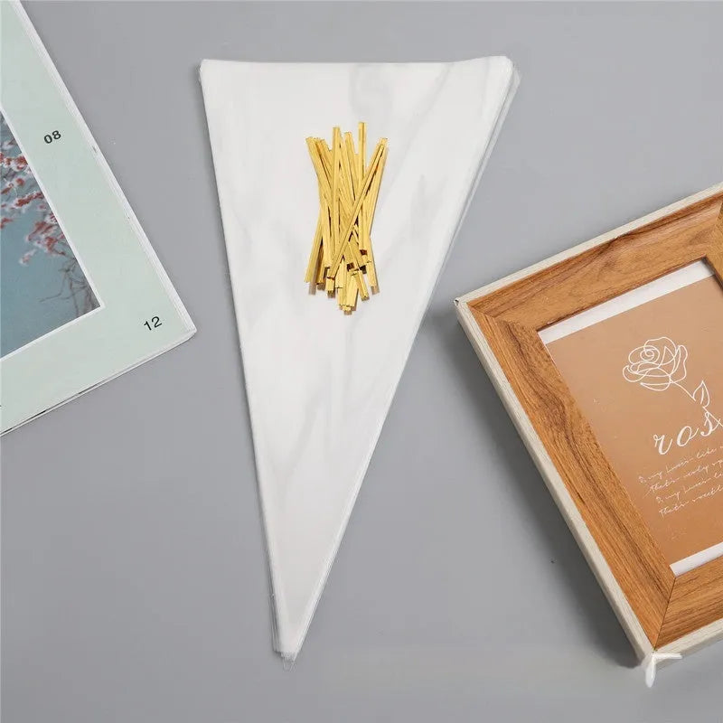 Triangle-shaped clear plastic packaging bag with a built-in metal tie wire for closure.