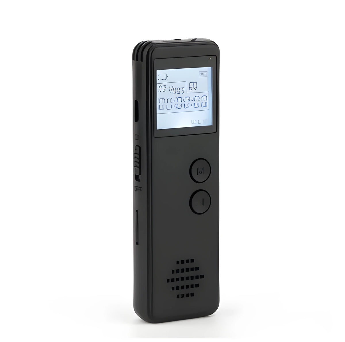 Black matte finish MP3 digital voice recorder with screen, shown next to included earphones and USB cable.
