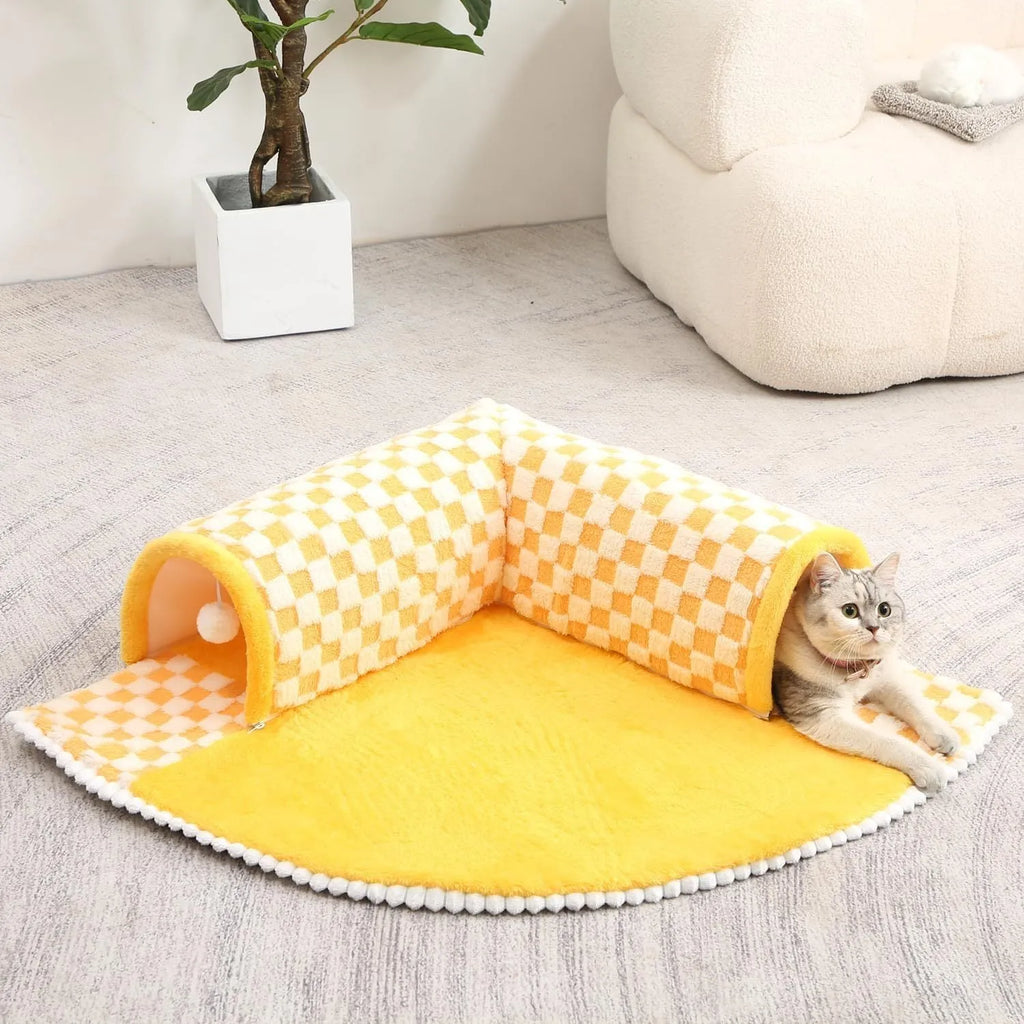 A coffee-coloured plush fan-shaped pet bed with an attached tunnel for cats and dogs.