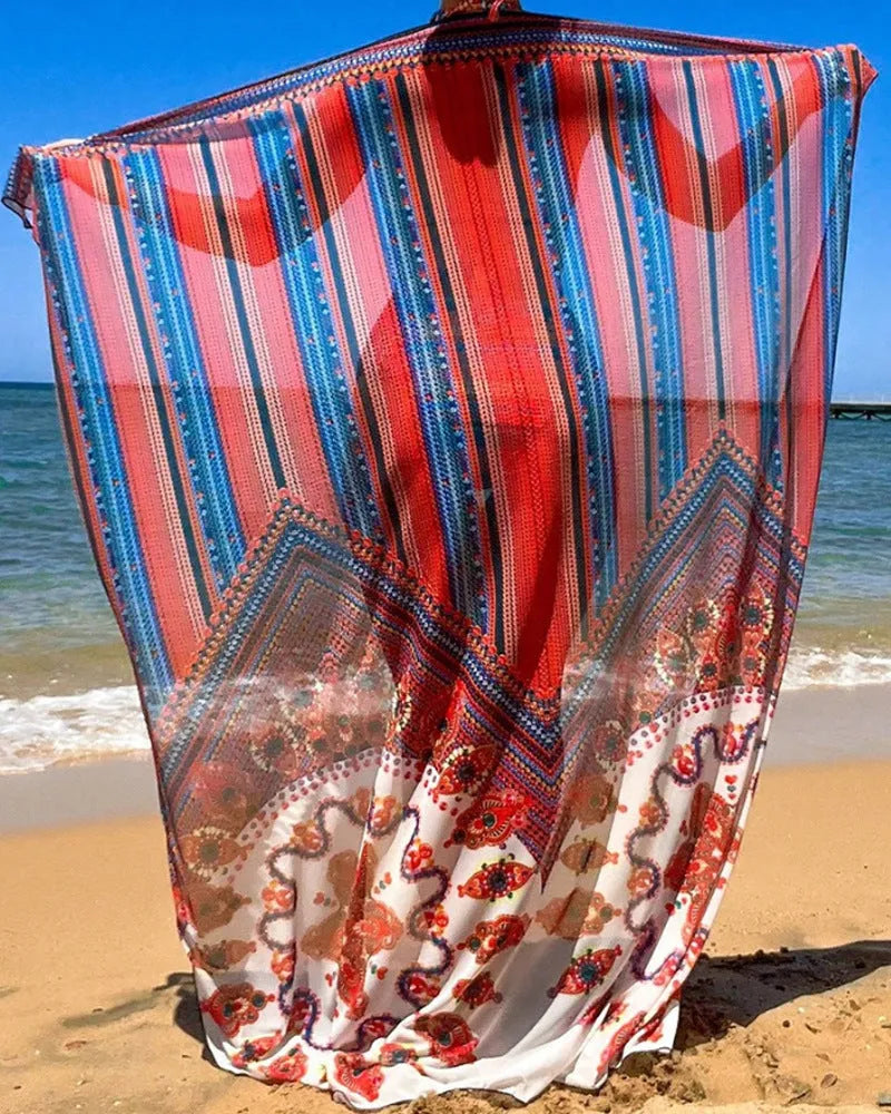Women's three-piece swimsuit set showing high-waisted briefs, sleeveless cutout blouse, and matching coat.