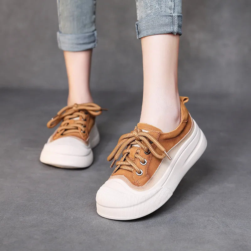 Women's yellow and cameo brown full-grain cow leather lace-up casual shoes with round toe and rubber soles
