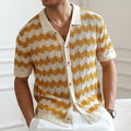 Man wearing a yellow hollow jacquard corrugated short sleeve sweater in an American casual style.