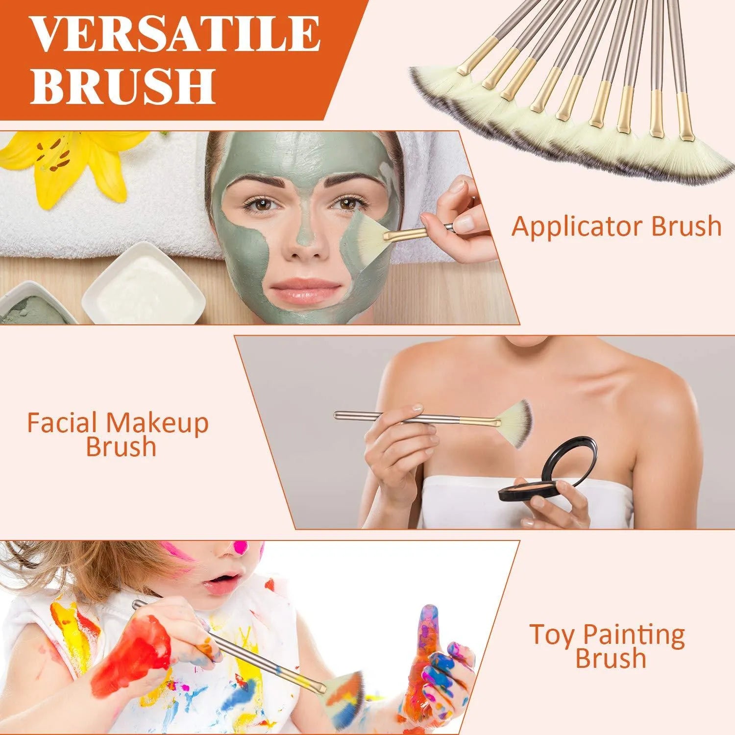 Ten champagne-coloured facial fan brushes with soft bristles and protective covers laid out.
