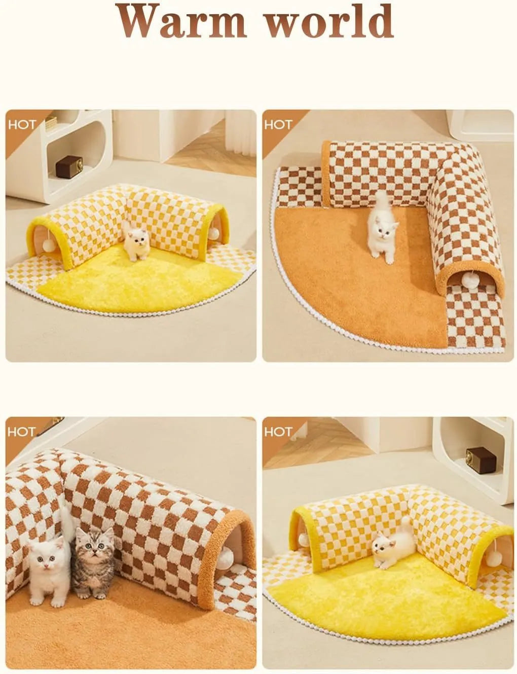 Brown plush plaid cat tunnel bed with central mat, showing collapsible tube and non-slip bottom
