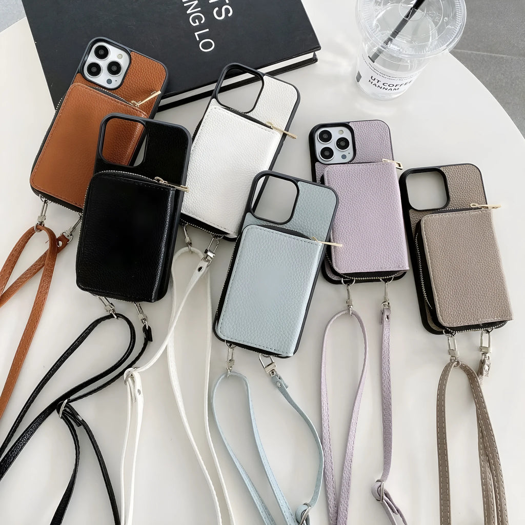 Litchi textured protective phone case for iPhone models, shown in multiple colour options.