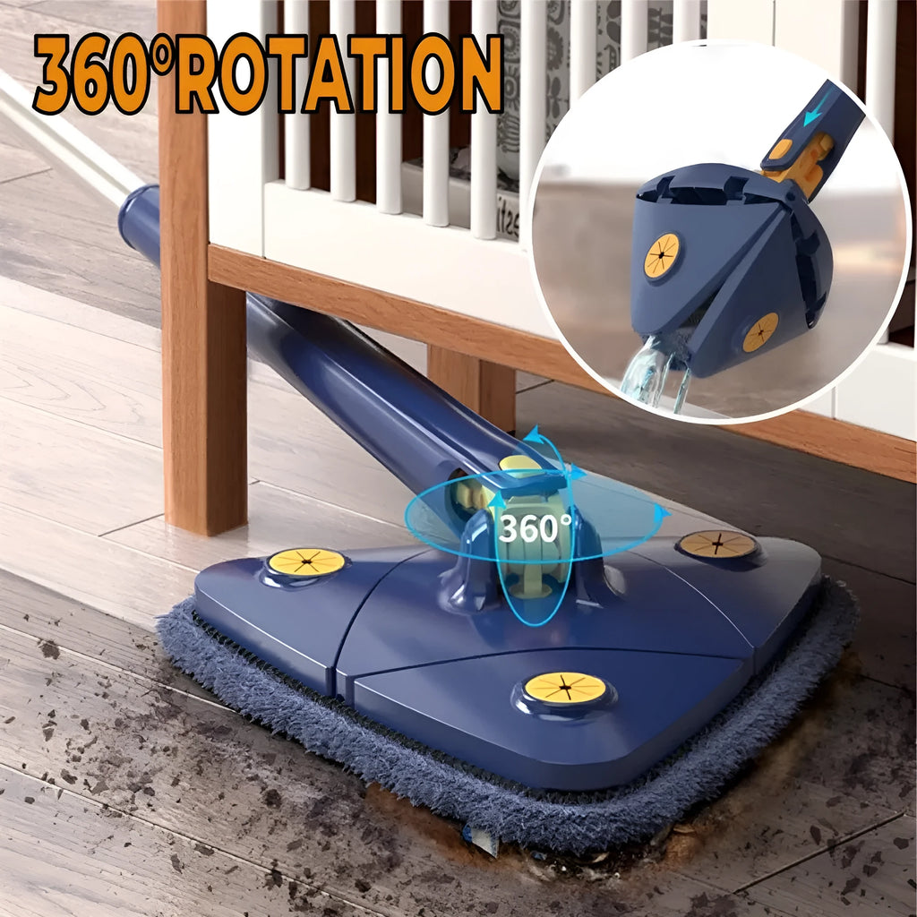 Blue extendable triangle cleaning mop with rotating head and long stainless steel pole on a tiled floor.