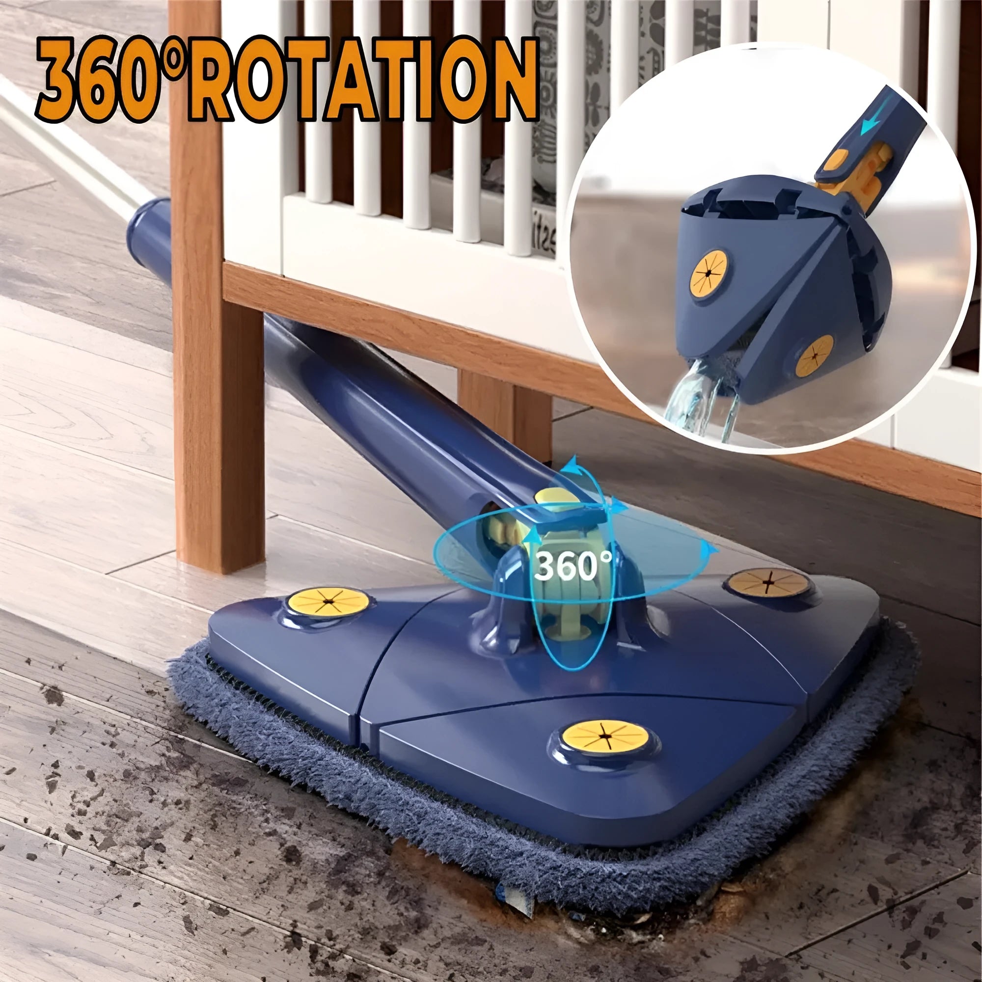 Blue extendable triangle cleaning mop with rotating head and long stainless steel pole on a tiled floor.