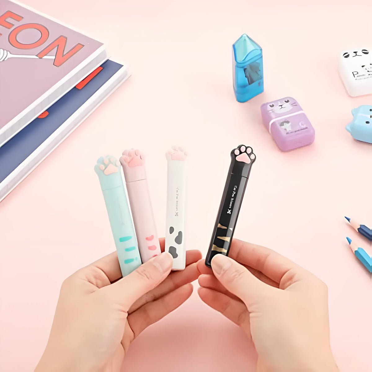 Cat paw design mini folding scissors in four colour options with stainless steel blades