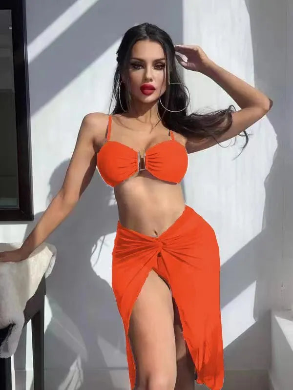 Women's multicolour three-piece bikini set with long culottes in French style design