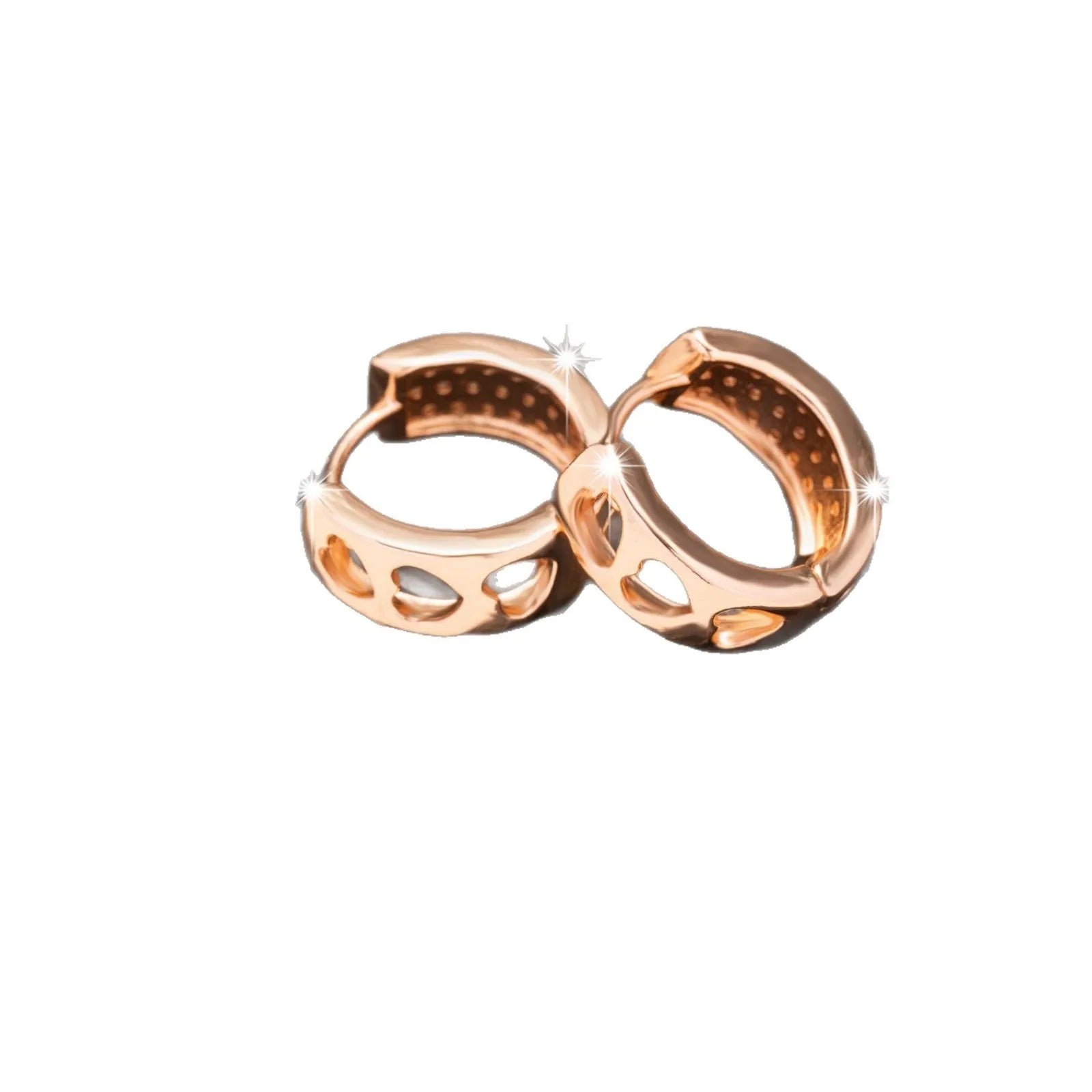 Rose gold coloured circular earrings with a hollowed-out three-heart design.