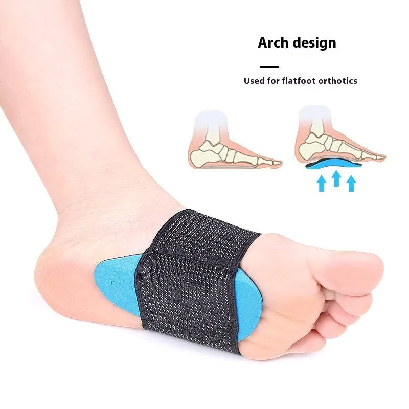 Blue elastic arch support foot pad for flat feet, shown in adult and children sizes