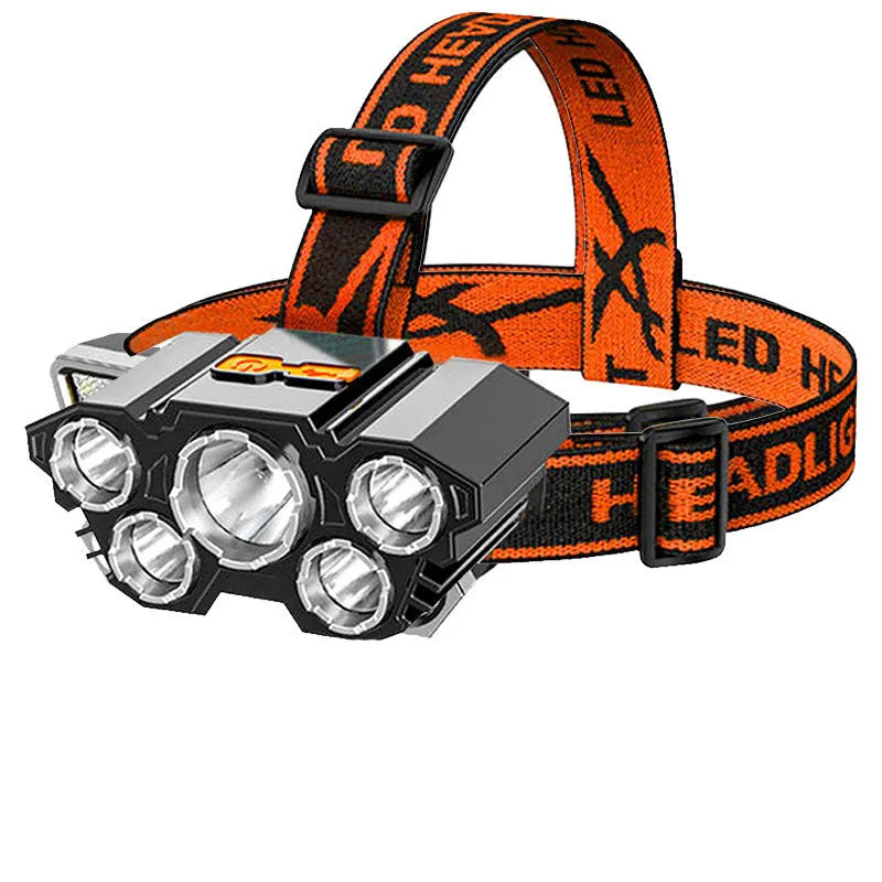Super bright 10W LED miner's headlamp with PVC housing and adjustable head strap on a coloured box.
