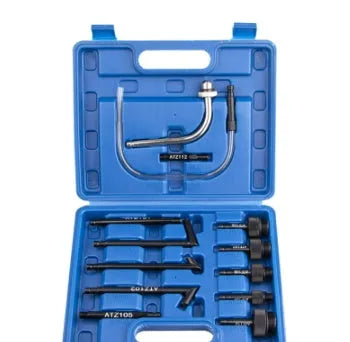 13-piece automatic transmission oil refuelling tool kit with pump and wave box connector.