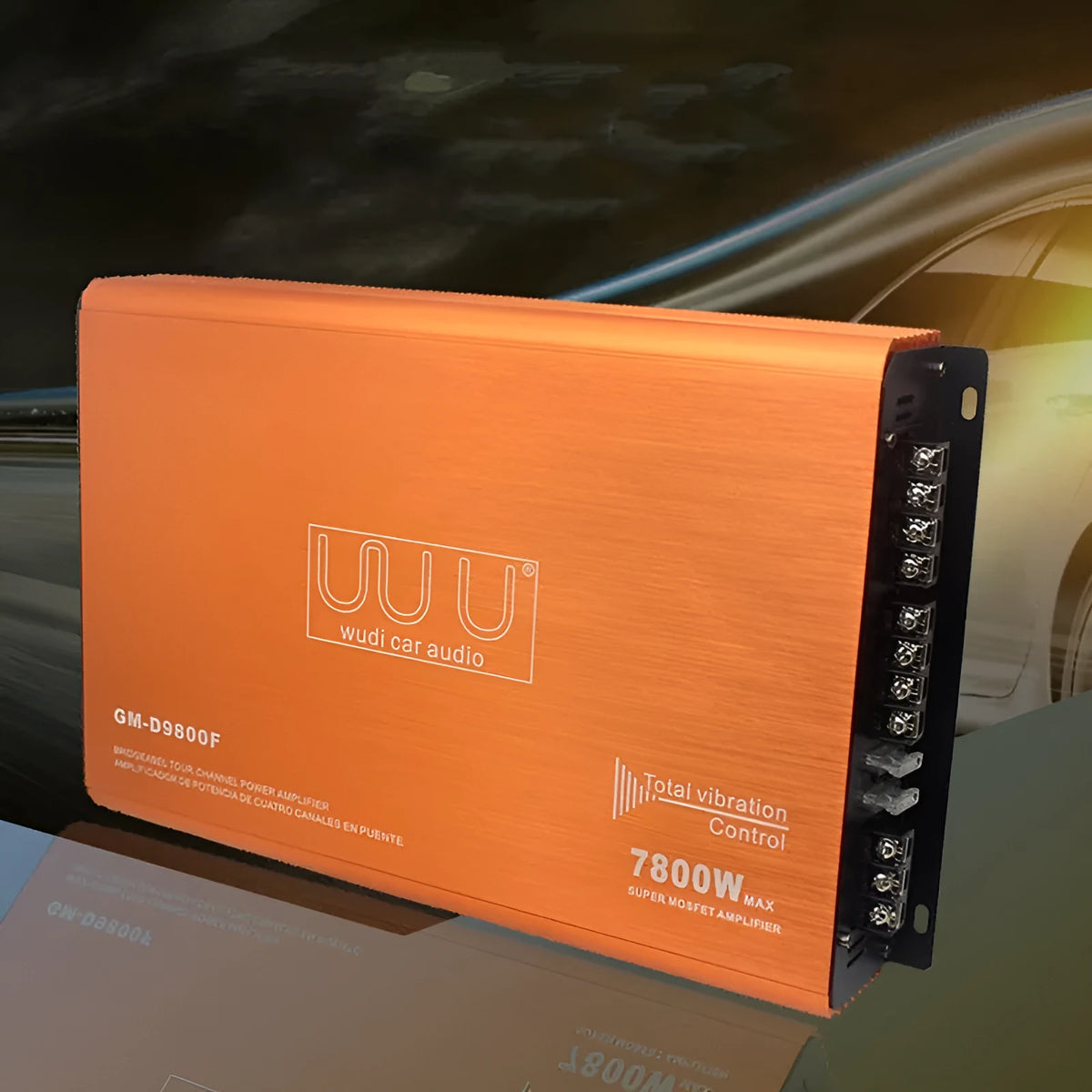 Car four-way power amplifier 9800F, 4-channel 12V 7800W, aluminium alloy body, 2.7kg