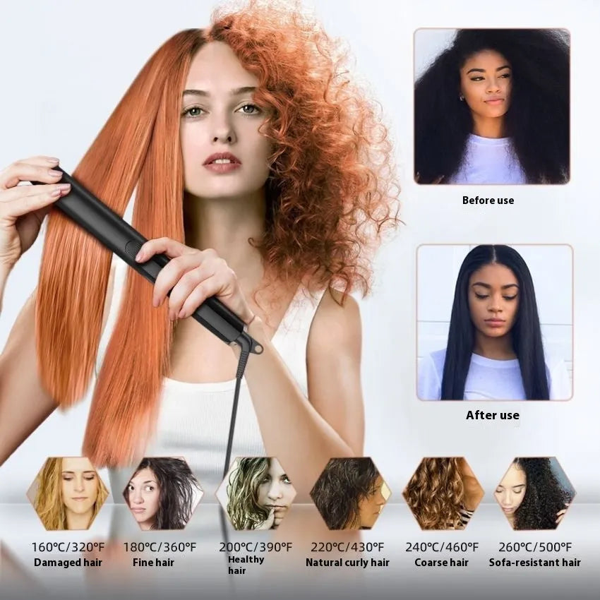 Hair straightener with ceramic plates showing temperature display and EU power specification