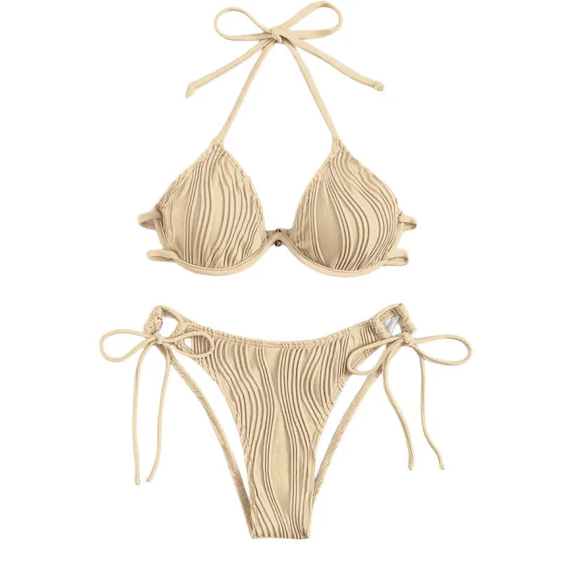 Women's split style bikini swimsuit with underwire support in various colours.