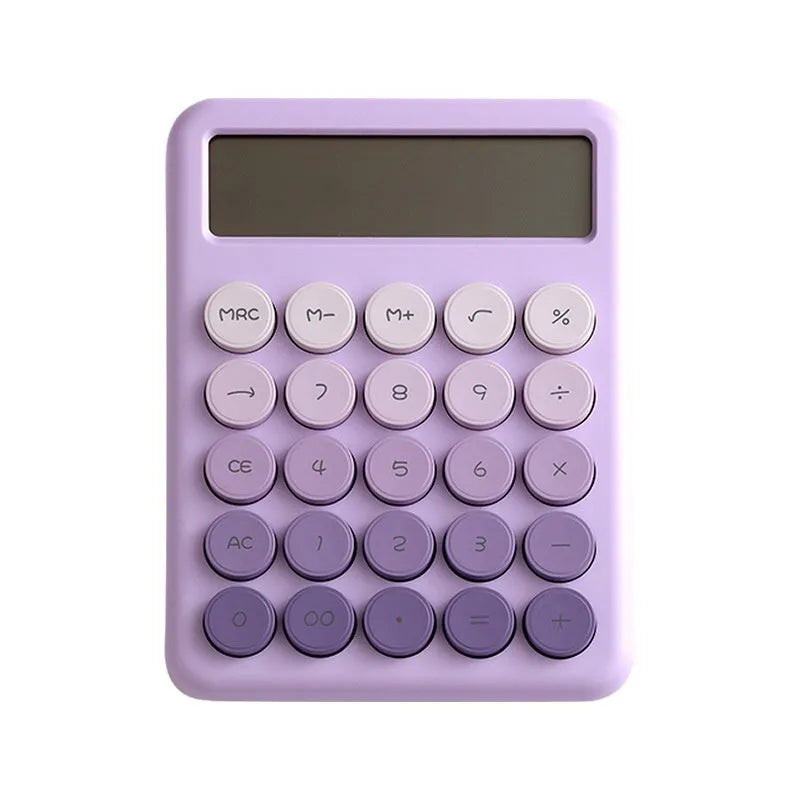 Gradient colour desktop calculator in ABS plastic showing four colour variants.