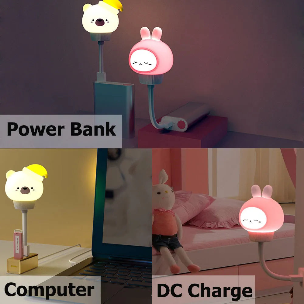 Cartoon animal USB night light in bear shape with remote control on a bedside table