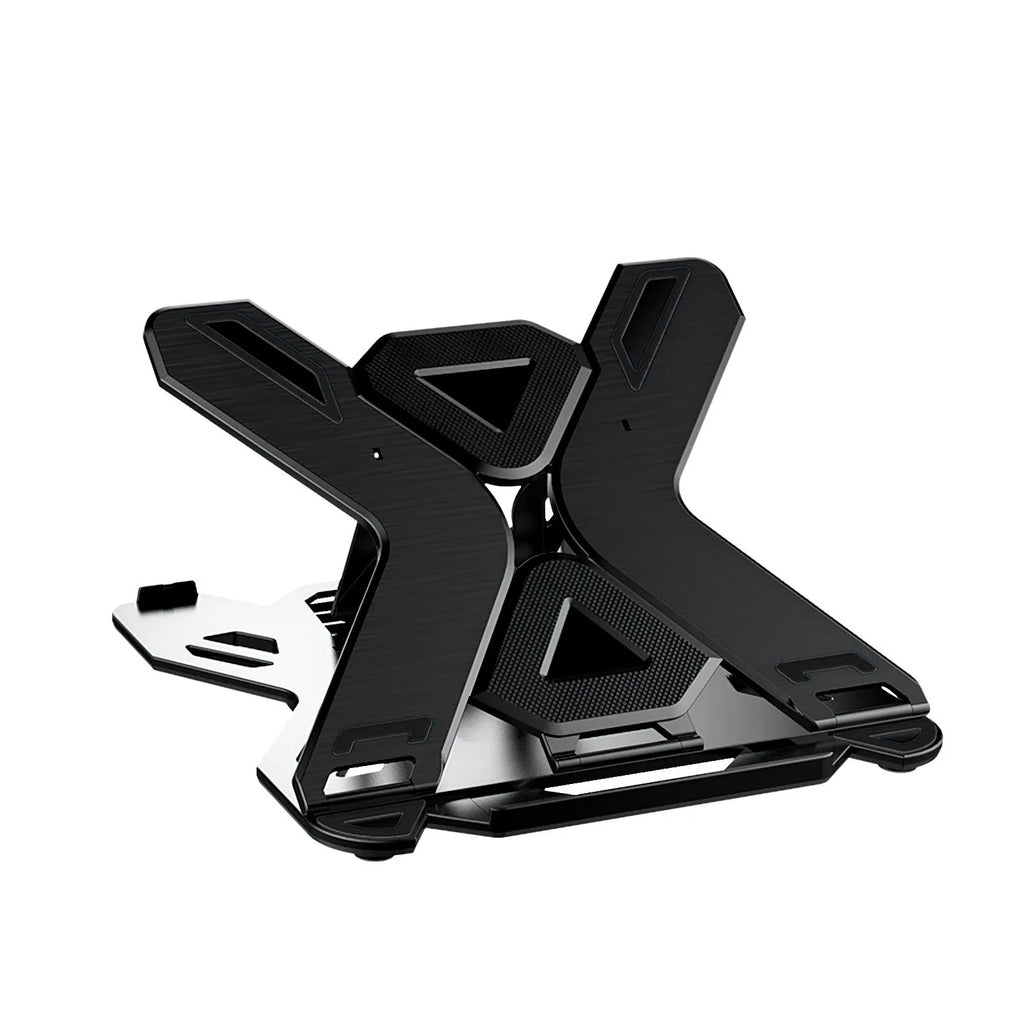 Black ABS plastic laptop bracket stand on a desk, elevating a laptop for better airflow