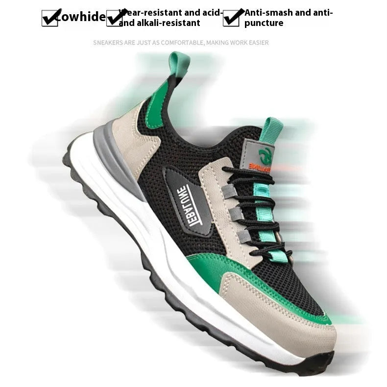 Black green safety shoes with plastic steel toe and mesh upper panel