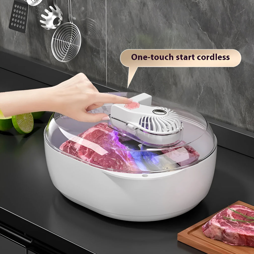 Modern aluminium quick defrosting plate for food with included USB cable on a kitchen counter