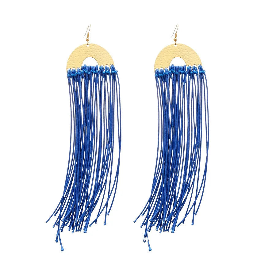 Women's geometric earrings with cloth base and silver needle-blue resin flower accents