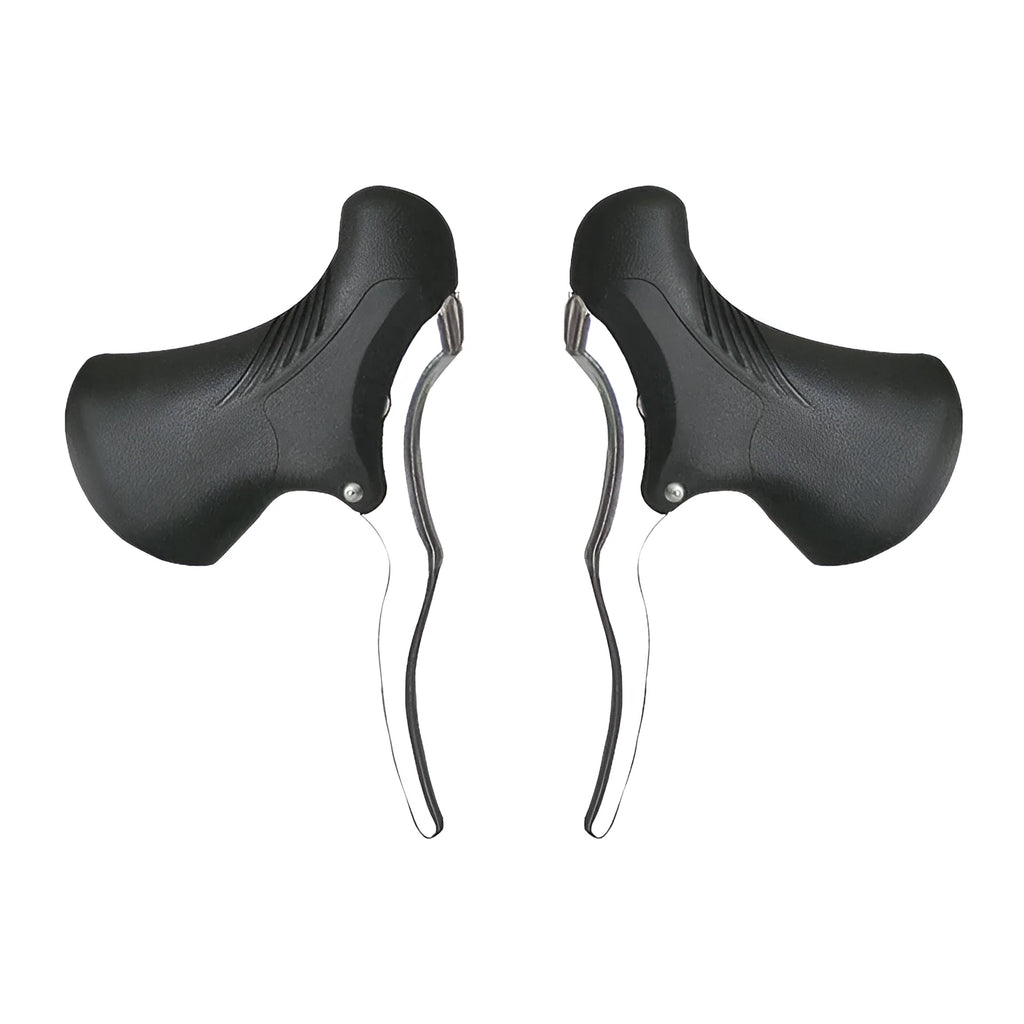Pair of aluminium alloy road bicycle brake handles in black and black/silver finishes