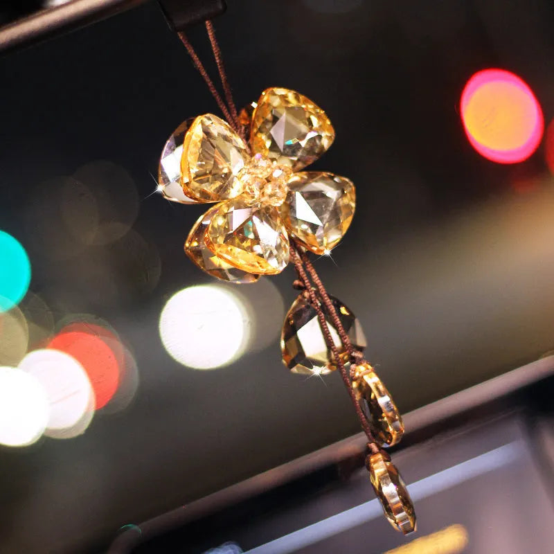 Crystal four leaf grass car pendant approximately 20cm long in transparent colour variation