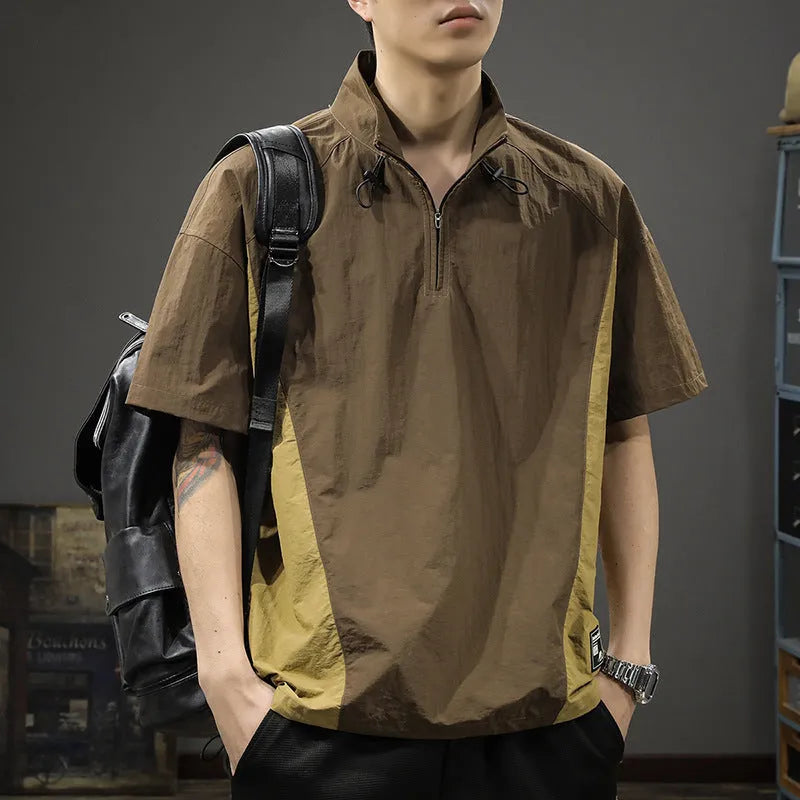 Men's brown half zip stand collar short sleeve shirt in fleece-lined Ice Silk fabric