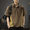 Men's brown half zip stand collar short sleeve shirt in fleece-lined Ice Silk fabric