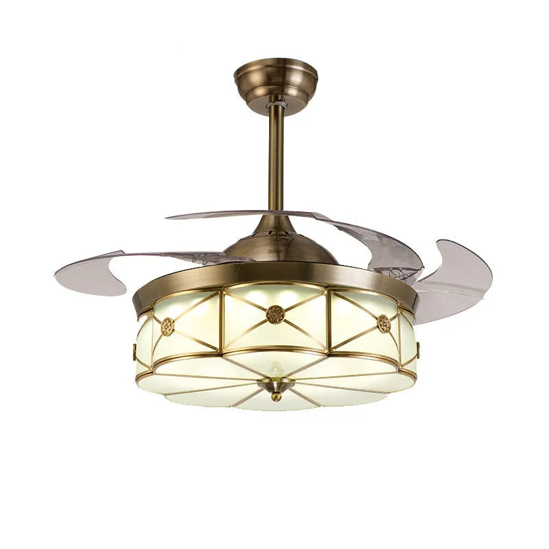 Gold 42-inch ceiling fan light with invisible blades and remote control on a white ceiling