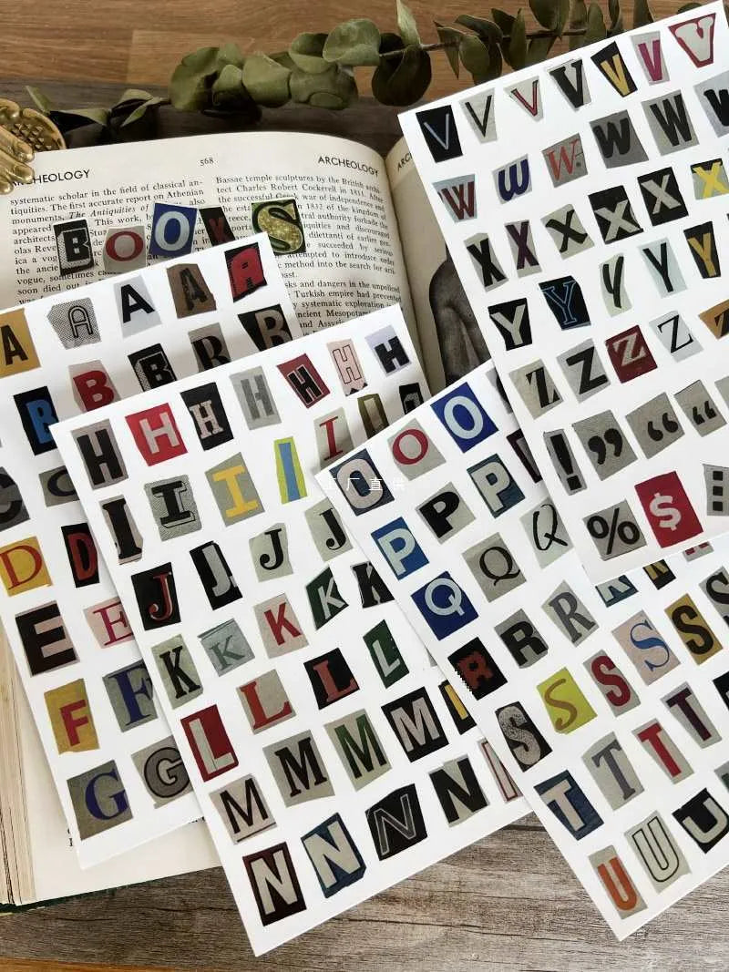 English letters and numbers label stickers in cute printed style for journal and planner decoration