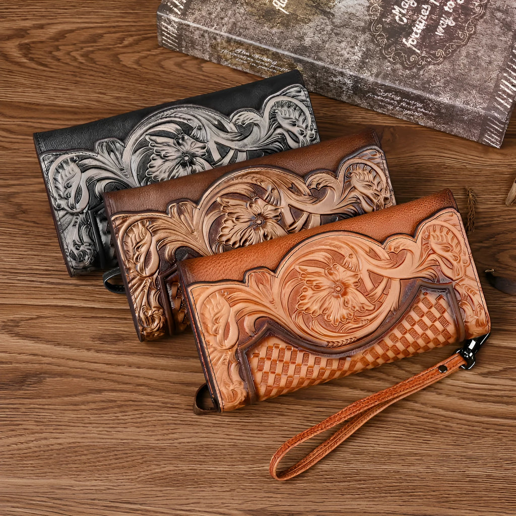Chinese style embossed tri-fold wallet in retro brown with flower patterns