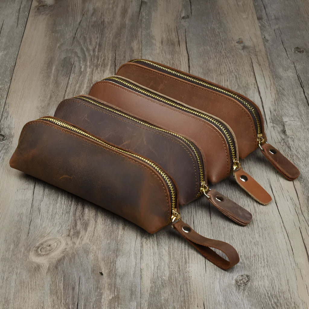Genuine cowhide leather square pencil and glasses case with zipper in black colour
