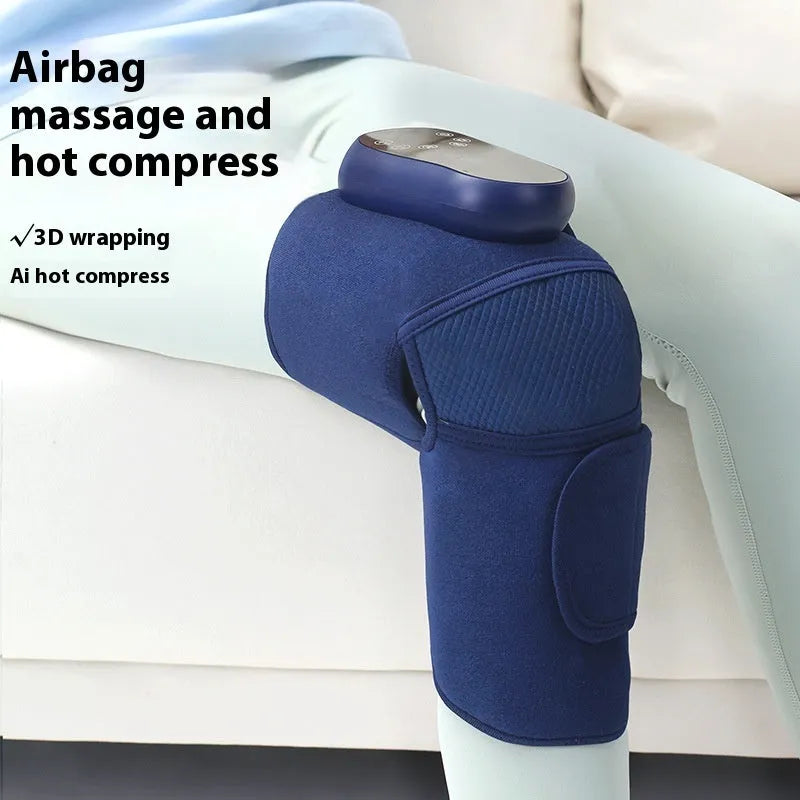 Airbag blue self-heating knee massager showing adjustable strap and control panel for heat, vibration, and air pressure functions.