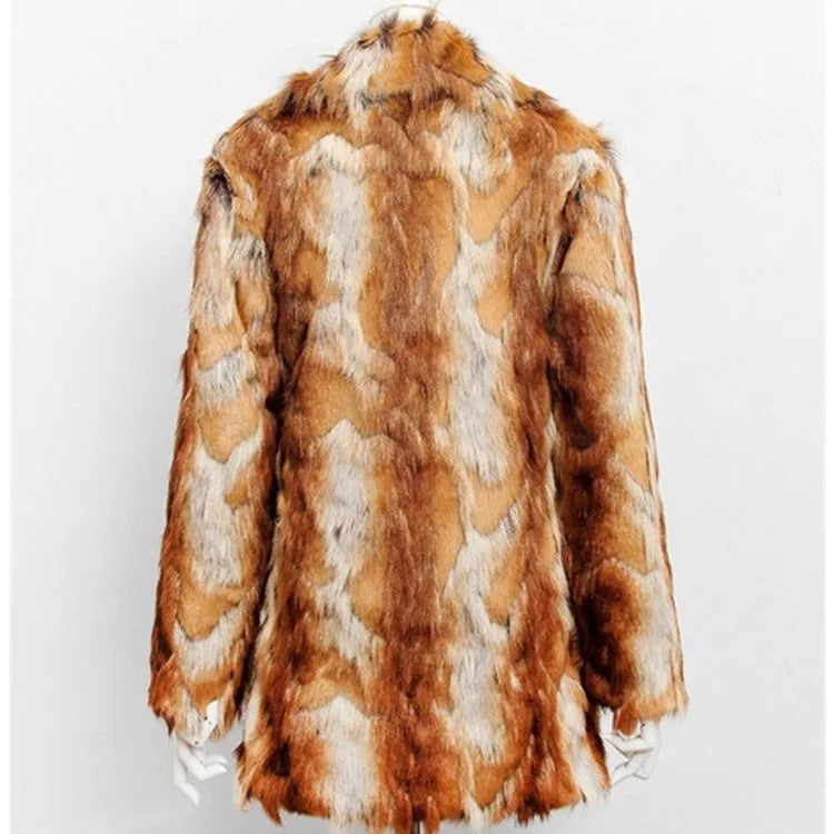 Women's tiger pattern faux fur leather jacket with medium length 65cm cut and long sleeves