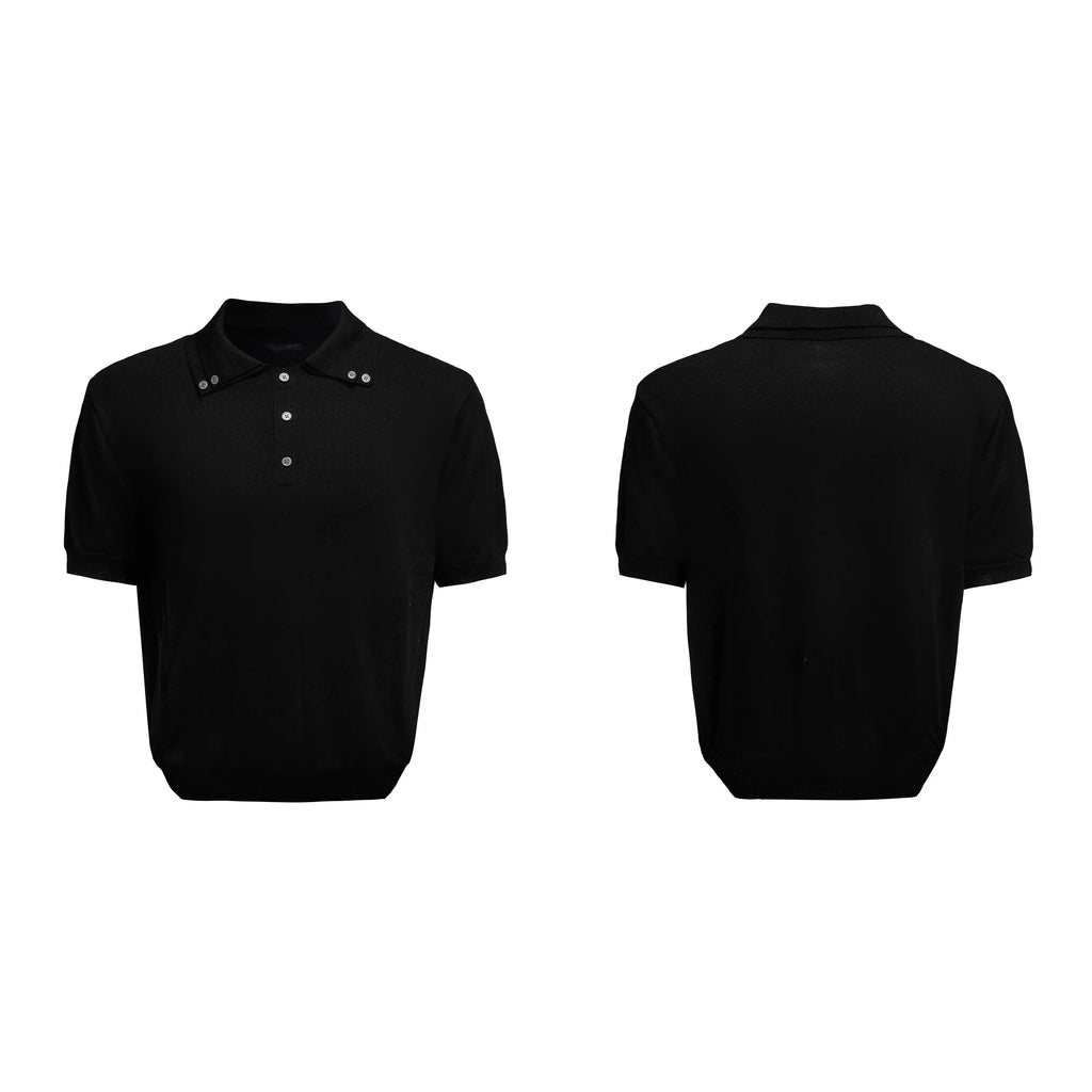 Men's black double collar knit polo shirt with short sleeves and loose fit