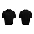 Men's black double collar knit polo shirt with short sleeves and loose fit
