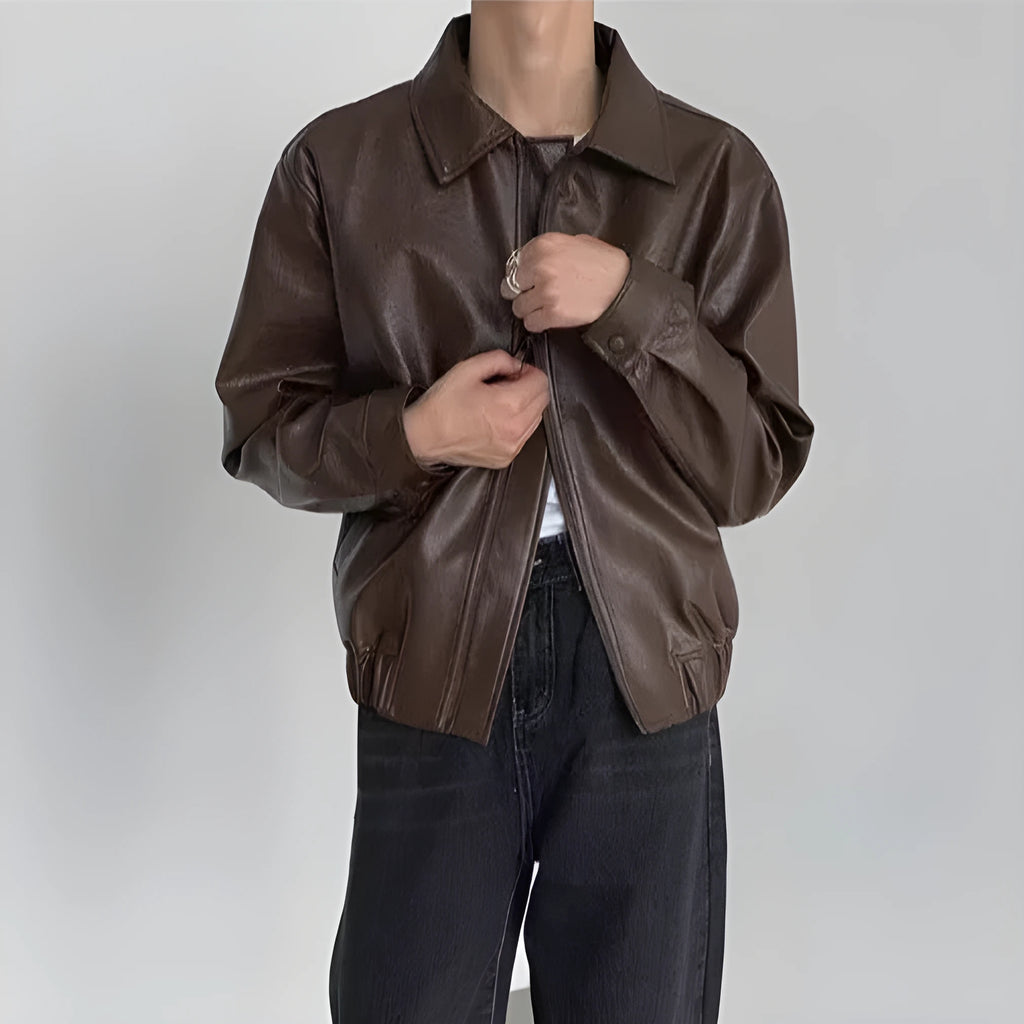 Brown Korean-style casual hip-hop jacket with PU leather outer, polyester lining and straight hem